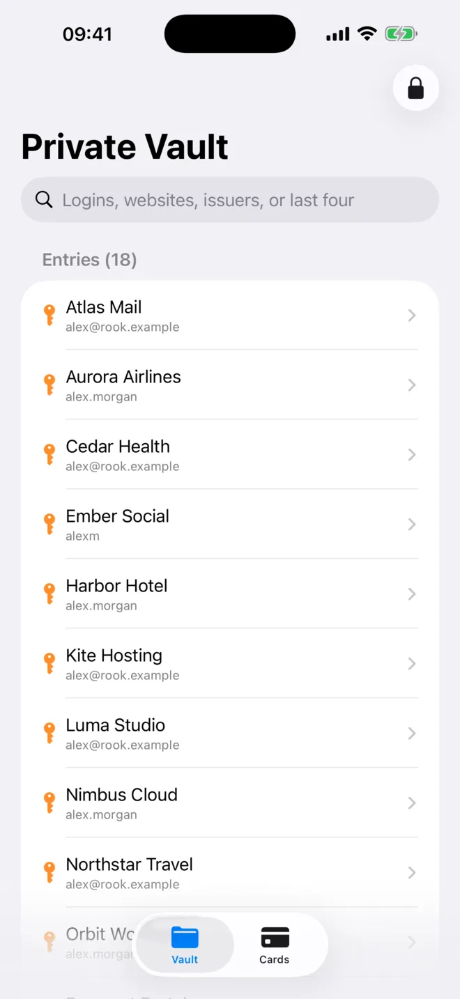 Rook Vault showing fictional login entries on an iPhone