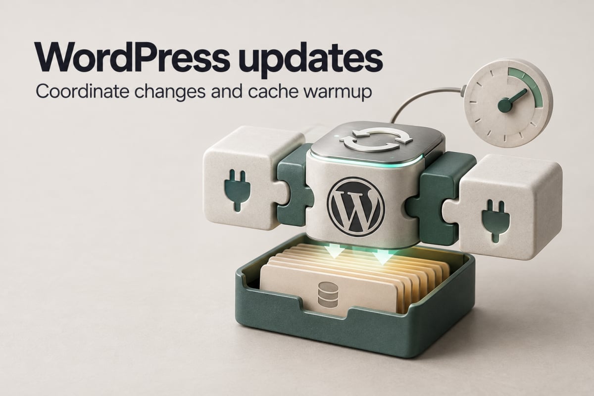 A coordinated WordPress update assembly above a prepared page cache