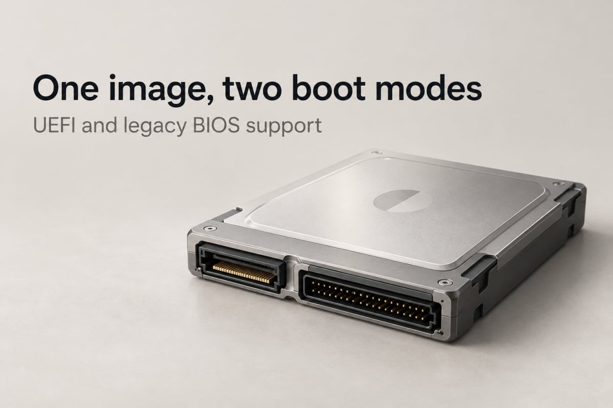 One operating-system image cartridge with UEFI and legacy BIOS boot interfaces