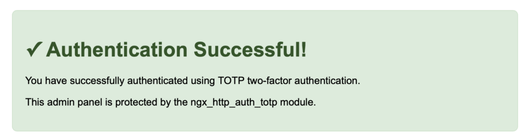 TOTP Authentication Success page showing confirmed access