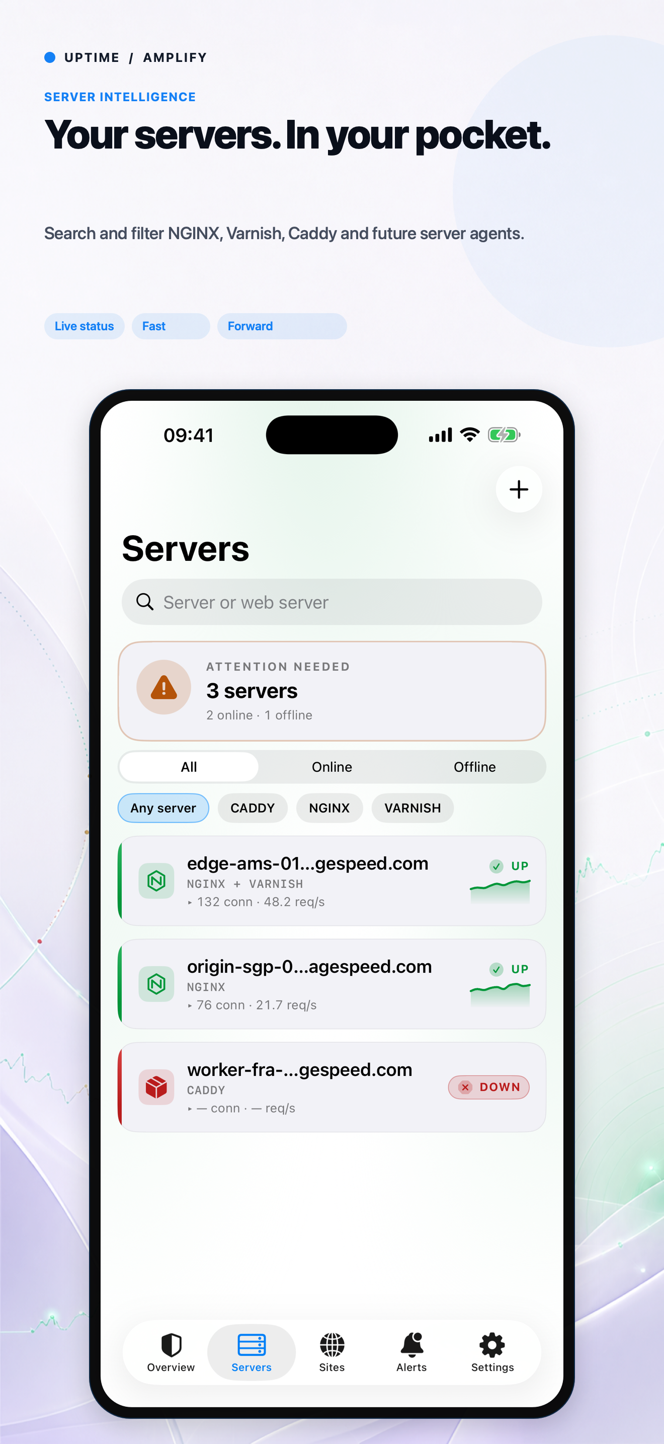 Uptime by GetPageSpeed Servers screen showing NGINX, Varnish and Caddy hosts