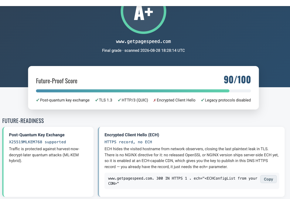 GetPageSpeed SSL test report showing an A+ grade and post-quantum key exchange X25519MLKEM768 supported