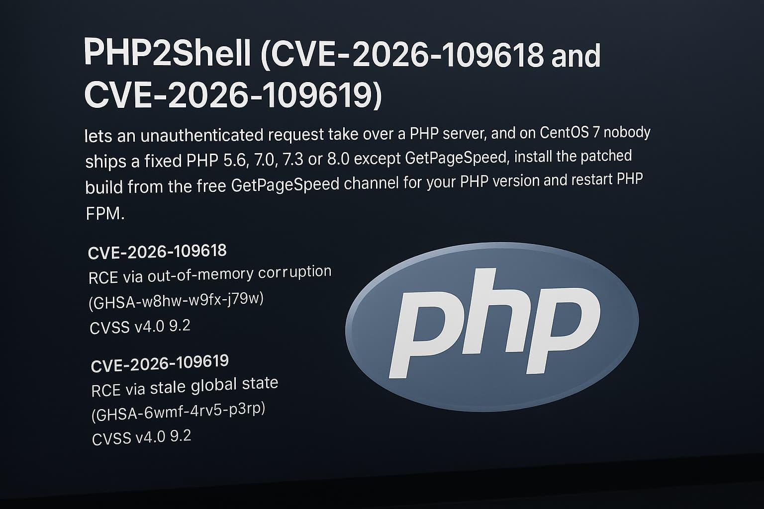 PHP2Shell on CentOS 7: Patched PHP 5.6, 7.0, 7.3 and 8.0 (CVE-2026-109618)