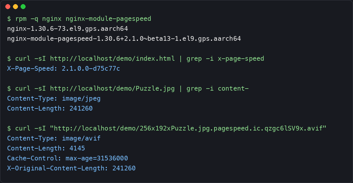 Terminal output on Rocky Linux 9 aarch64: nginx-module-pagespeed 2.1.0 beta13 installed on NGINX 1.30.6, X-Page-Speed response header, and a 241 KB JPEG served as a 4 KB AVIF